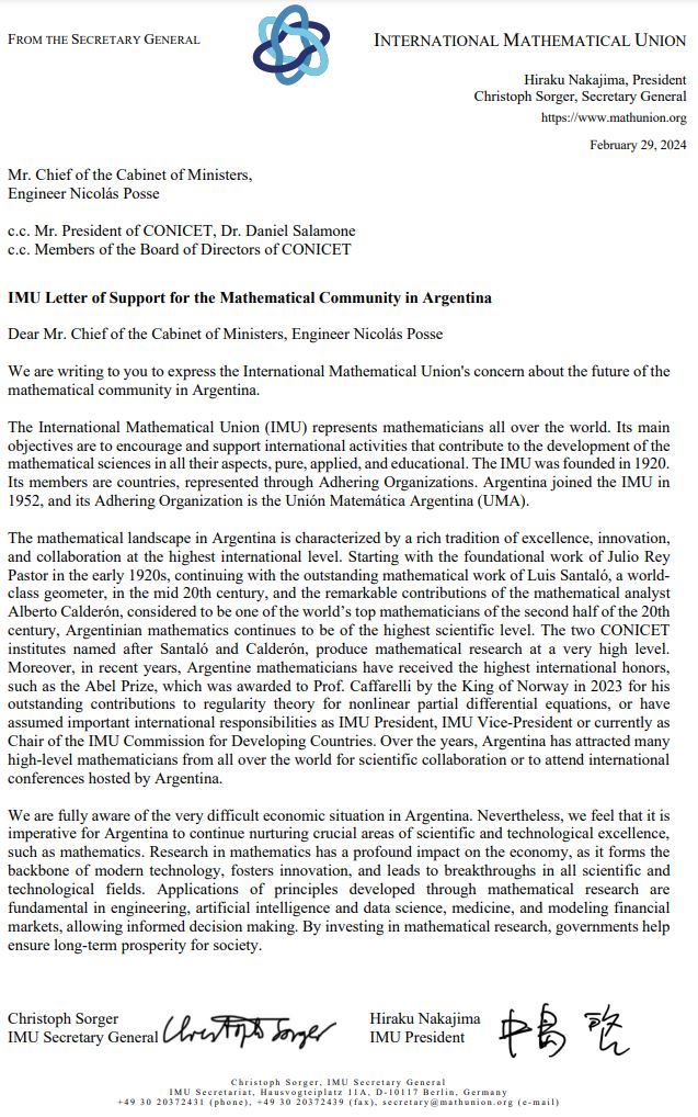 Carta de apoyo de la IMU a la comunidad científica argentina